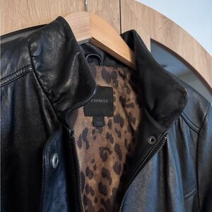 Express Black Genuine Leather Moto Jacket Women Large Leopard Lining Biker